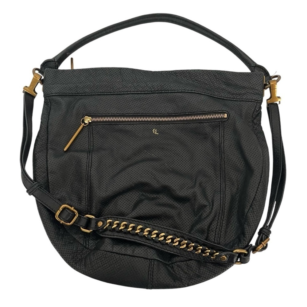 Elliott Lucca Black Leather Perforated Bucket Shoulder Bag Double Strap Zip Top